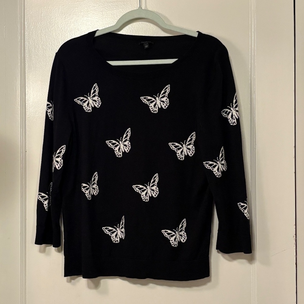 Talbots Black Butterfly Sweater, Cotton Blend 3/4 sleeves, Crew Neck Size L